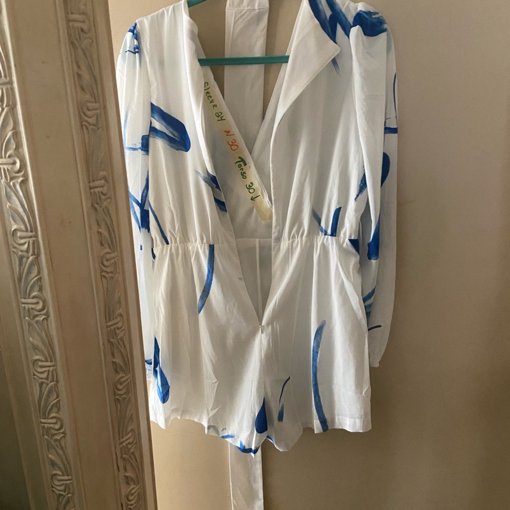 White With Blue Brush Strokes Romper. View 6